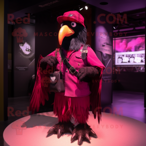 Magenta Crow mascot costume character dressed with a Jeans and Brooches