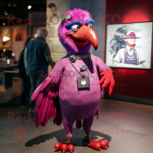 Magenta Crow mascot costume character dressed with a Jeans and Brooches