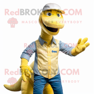 Lemon Yellow Diplodocus mascot costume character dressed with a Chambray Shirt and Berets