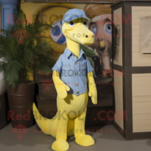 Lemon Yellow Diplodocus mascot costume character dressed with a Chambray Shirt and Berets