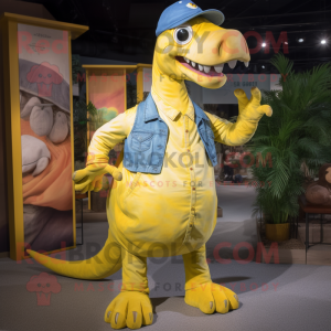 Lemon Yellow Diplodocus mascot costume character dressed with a Chambray Shirt and Berets