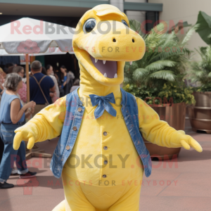 Lemon Yellow Diplodocus mascot costume character dressed with a Chambray Shirt and Berets