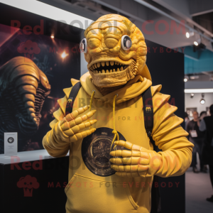 Yellow Trilobite mascot costume character dressed with a Sweatshirt and Necklaces