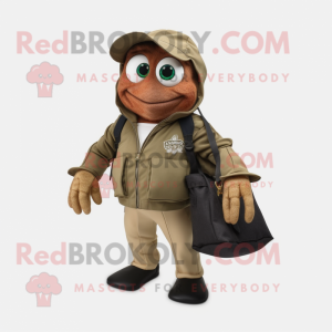 Olive Hermit Crab mascot costume character dressed with a Leather Jacket and Tote bags