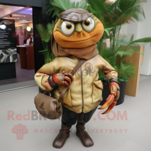 Olive Hermit Crab mascot costume character dressed with a Leather Jacket and Tote bags