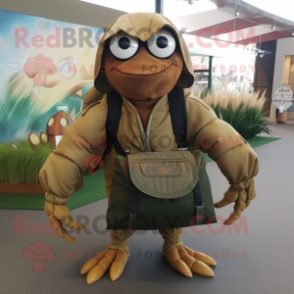 Olive Hermit Crab mascot costume character dressed with a Leather Jacket and Tote bags