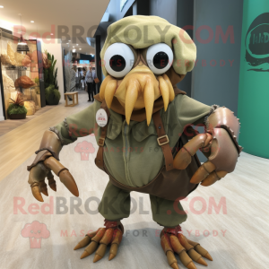 Olive Hermit Crab mascot costume character dressed with a Leather Jacket and Tote bags