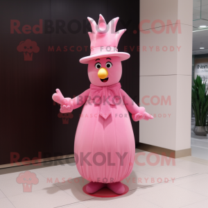 Pink Pineapple mascot costume character dressed with a Empire Waist Dress and Hat pins