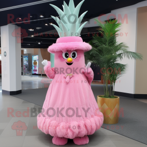 Pink Pineapple mascot costume character dressed with a Empire Waist Dress and Hat pins
