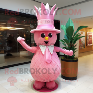 Pink Pineapple mascot costume character dressed with a Empire Waist Dress and Hat pins