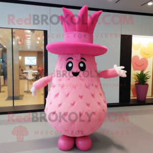 Pink Pineapple mascot costume character dressed with a Empire Waist Dress and Hat pins