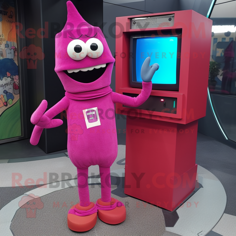 Magenta Television mascot costume character dressed with a Long Sleeve Tee and Shoe clips