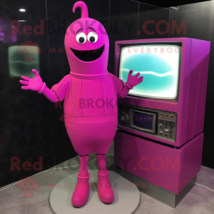 Magenta Television mascot costume character dressed with a Long Sleeve Tee and Shoe clips