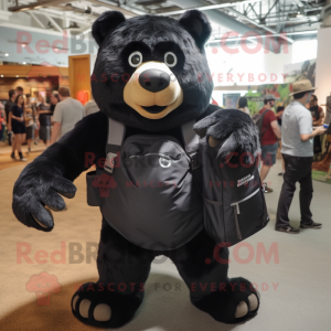 Black Bear mascot costume character dressed with a Henley Tee and Backpacks