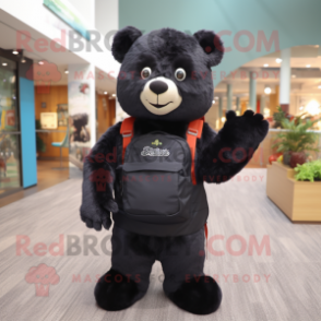 Black Bear mascot costume character dressed with a Henley Tee and Backpacks