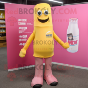 Pink Bottle Of Mustard mascot costume character dressed with a Polo Tee and Tie pins