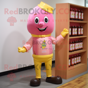 Pink Bottle Of Mustard mascot costume character dressed with a Polo Tee and Tie pins