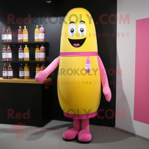 Pink Bottle Of Mustard mascot costume character dressed with a Polo Tee and Tie pins