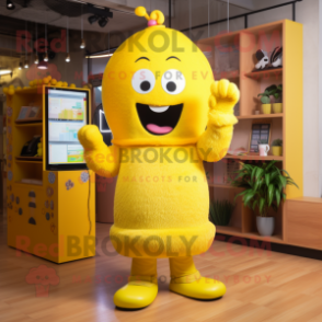 Yellow Phone mascot costume character dressed with a Cardigan and Hairpins