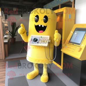 Yellow Phone mascot costume character dressed with a Cardigan and Hairpins