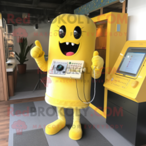 Yellow Phone mascot costume character dressed with a Cardigan and Hairpins