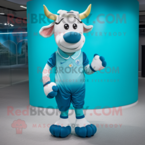 Cyan Jersey Cow mascot costume character dressed with a Romper and Cummerbunds