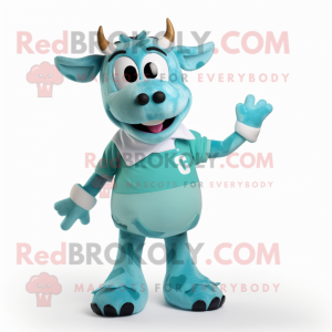 Cyan Jersey Cow mascot costume character dressed with a Romper and Cummerbunds