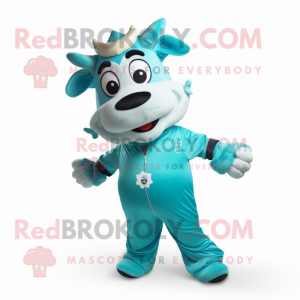 Cyan Jersey Cow mascot costume character dressed with a Romper and Cummerbunds