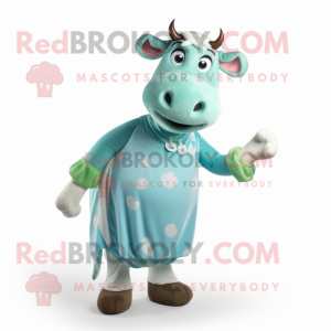 Cyan Jersey Cow mascot costume character dressed with a Romper and Cummerbunds