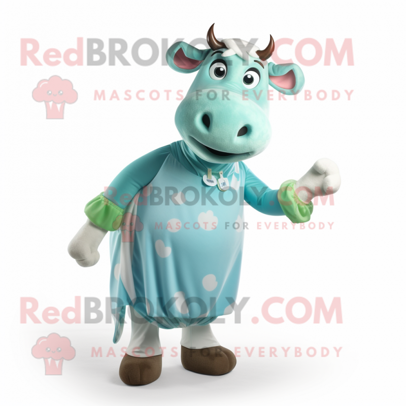 Cyan Jersey Cow mascot costume character dressed with a Romper and Cummerbunds Cyan Jersey Cow mascot costume character dressed with a Romper and Cummerbunds