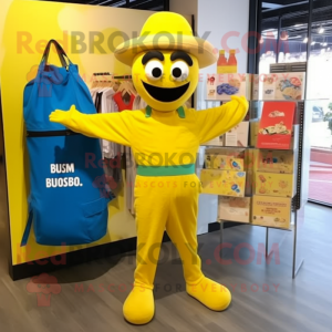 Yellow Paella mascot costume character dressed with a Jumpsuit and Tote bags