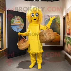 Yellow Paella mascot costume character dressed with a Jumpsuit and Tote bags