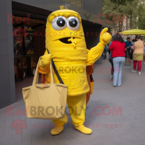 Yellow Paella mascot costume character dressed with a Jumpsuit and Tote bags