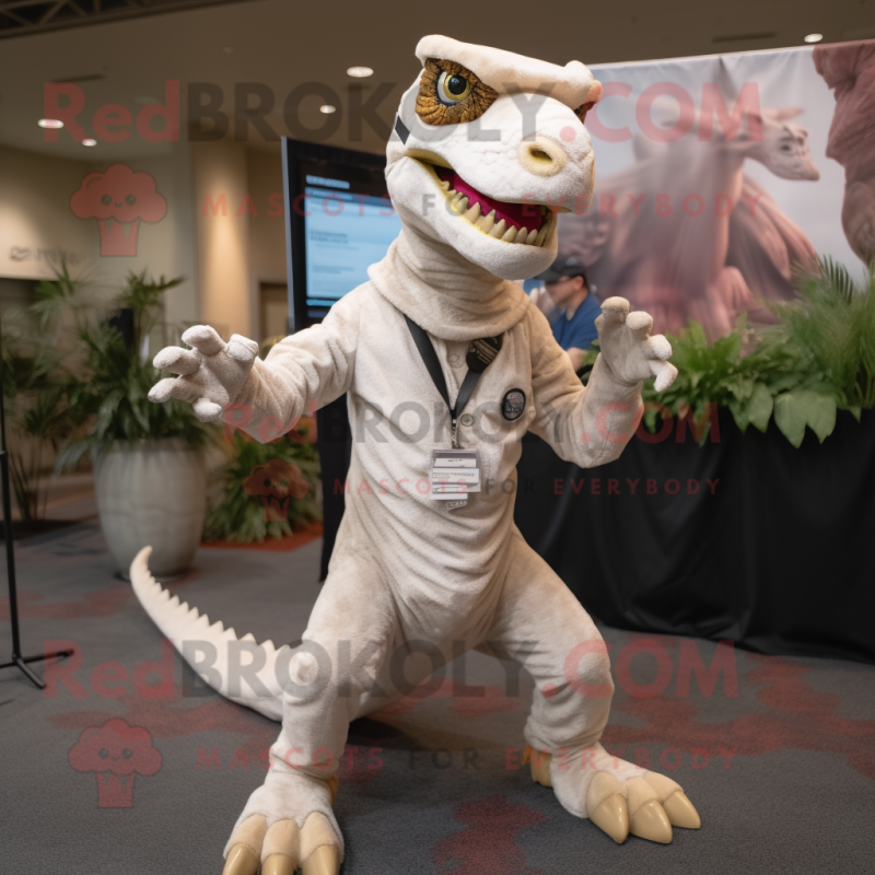 White Utahraptor mascot costume character dressed with a Jumpsuit and Headbands