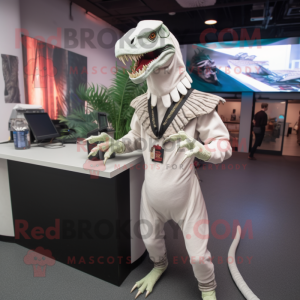 White Utahraptor mascot costume character dressed with a Jumpsuit and Headbands