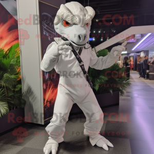 White Utahraptor mascot costume character dressed with a Jumpsuit and Headbands