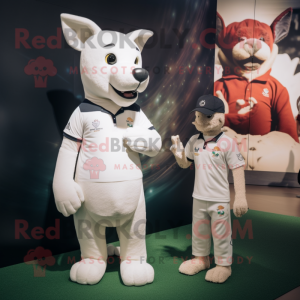 White Dingo mascot costume character dressed with a Rugby Shirt and Watches