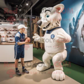 White Dingo mascot costume character dressed with a Rugby Shirt and Watches