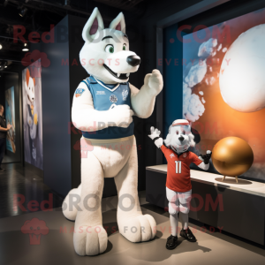 White Dingo mascot costume character dressed with a Rugby Shirt and Watches