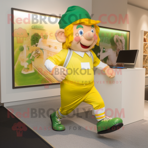 Lemon Yellow Leprechaun mascot costume character dressed with a Running Shorts and Suspenders