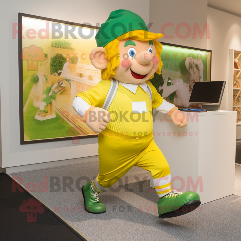 Lemon Yellow Leprechaun mascot costume character dressed with a Running Shorts and Suspenders Lemon Yellow Leprechaun mascot costume character dressed with a Running Shorts and Suspenders