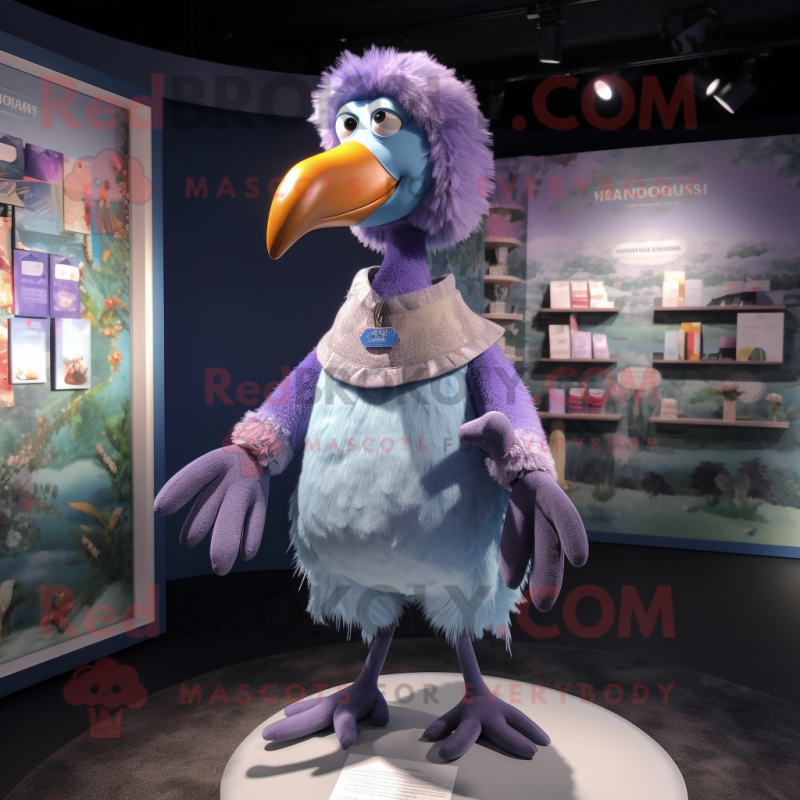 Lavender Dodo Bird mascot costume character dressed with a Cardigan and Brooches