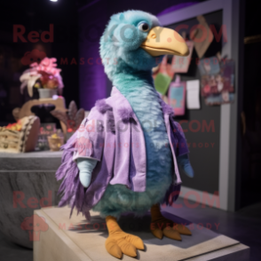 Lavender Dodo Bird mascot costume character dressed with a Cardigan and Brooches