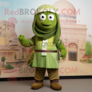 Olive Falafel mascot costume character dressed with a Jumpsuit and Scarves