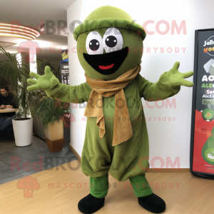 Olive Falafel mascot costume character dressed with a Jumpsuit and Scarves