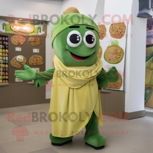 Olive Falafel mascot costume character dressed with a Jumpsuit and Scarves