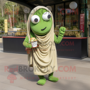 Olive Falafel mascot costume character dressed with a Jumpsuit and Scarves