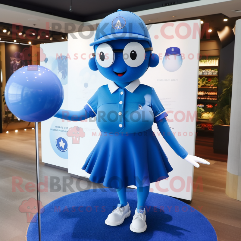 Blue Golf Ball mascot costume character dressed with a Mini Skirt and Cufflinks Blue Golf Ball mascot costume character dressed with a Mini Skirt and Cufflinks