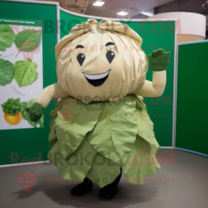 Tan Cabbage Leaf mascot costume character dressed with a Skirt and Tie pins