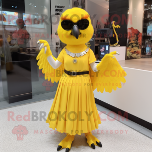 Yellow Eagle mascot costume character dressed with a Midi Dress and Bracelets